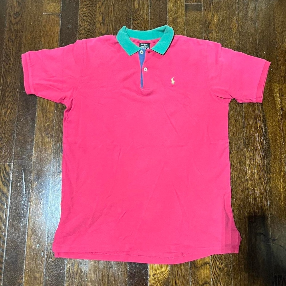 Vintage Faded Polo Ralph Lauren Pink Polo Shirt with Green Collar